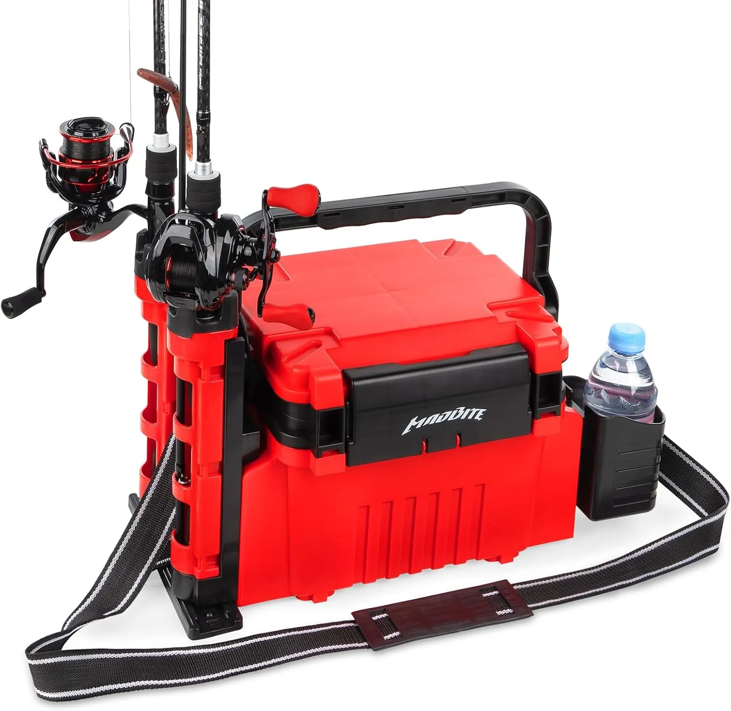 MadBite RigHub Portable Tackle Storage Box, 3 Tackle Storage Compartments, Adjustable Rod Holder, Cup Holder, Removable Dividers, Ideal for Fishing Lures and Gear Storage, Kayak Fishing, Ice Fishing