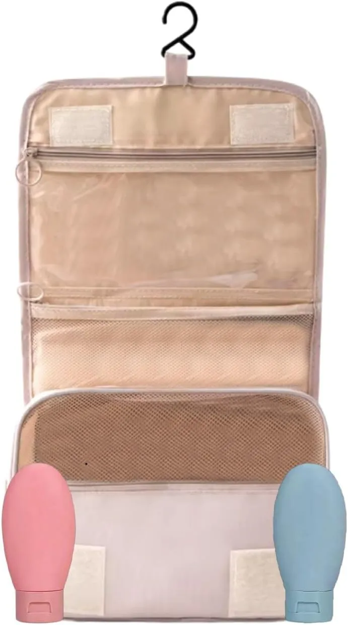 Makeup Bag for Women with Travel Bottles Hanging Toiletry Organizer with Compartments – Pink Skincare & Cosmetic Travel Case, 15.94” Height
