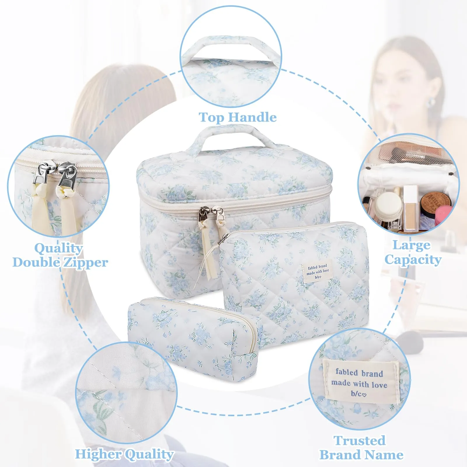 Makeup Bag Set, Quilted Makeup Bag, Large Floral Cosmetic Bag for Women, Cute Cotton Makeup Bags, Flower Travel Toiletry Organizer Bag (Blue Rose)