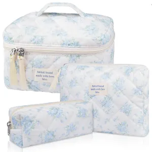Makeup Bag Set, Quilted Makeup Bag, Large Floral Cosmetic Bag for Women, Cute Cotton Makeup Bags, Flower Travel Toiletry Organizer Bag (Blue Rose)