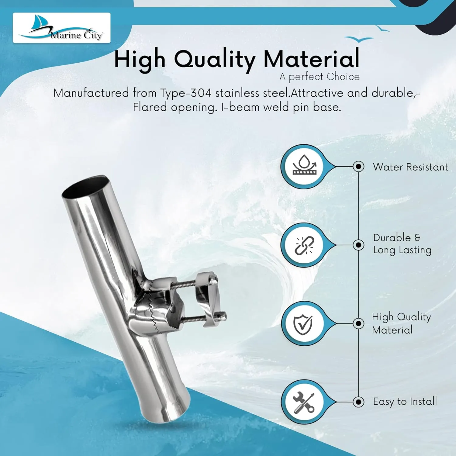 MARINE CITY 304 Grade Stainless Steel Heavy Duty Strong Clamp-on Adjustable Fishing Rod Holder