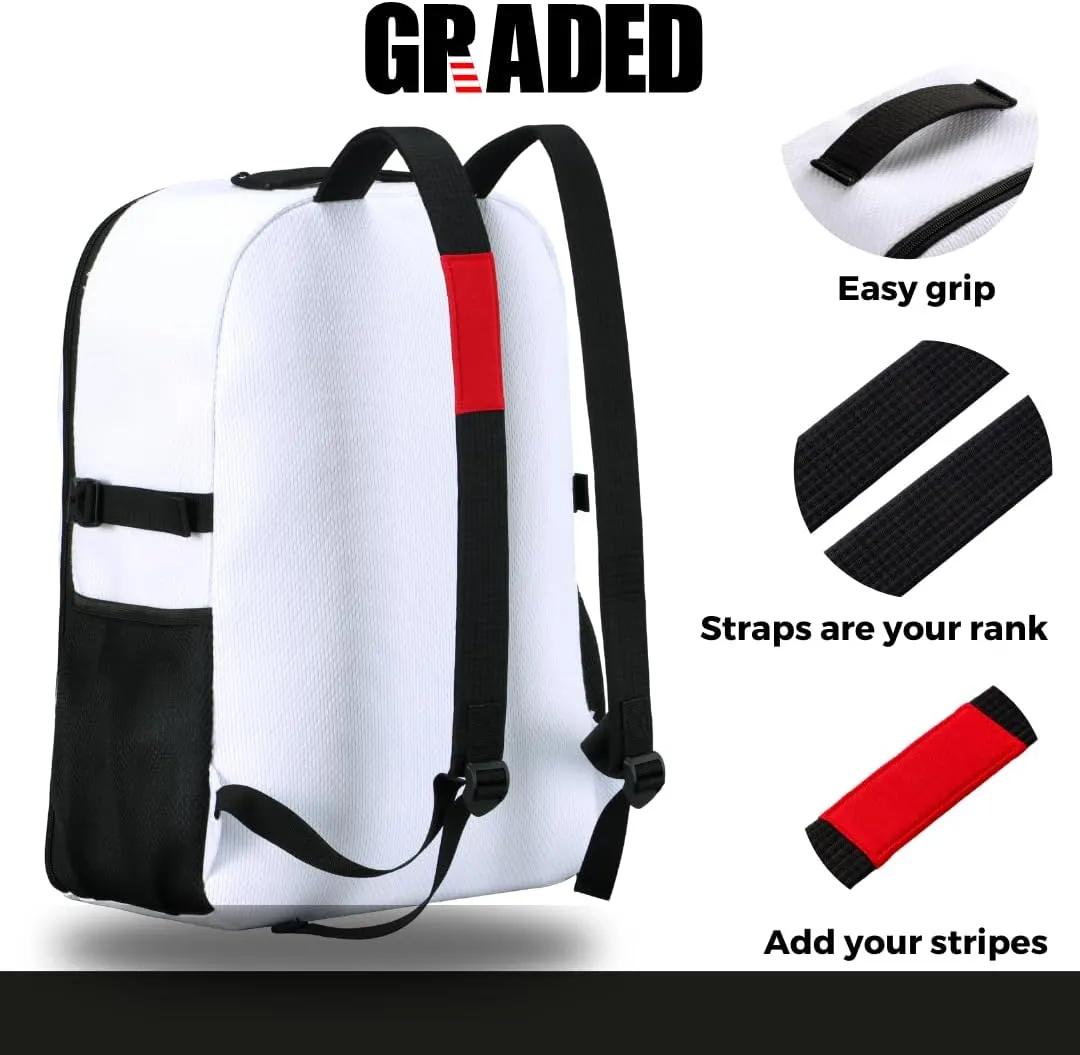 Martial Arts Backpack. Your Brazilian Jiu Jitsu gear bag that represents your achievments. (Black Belt, White)