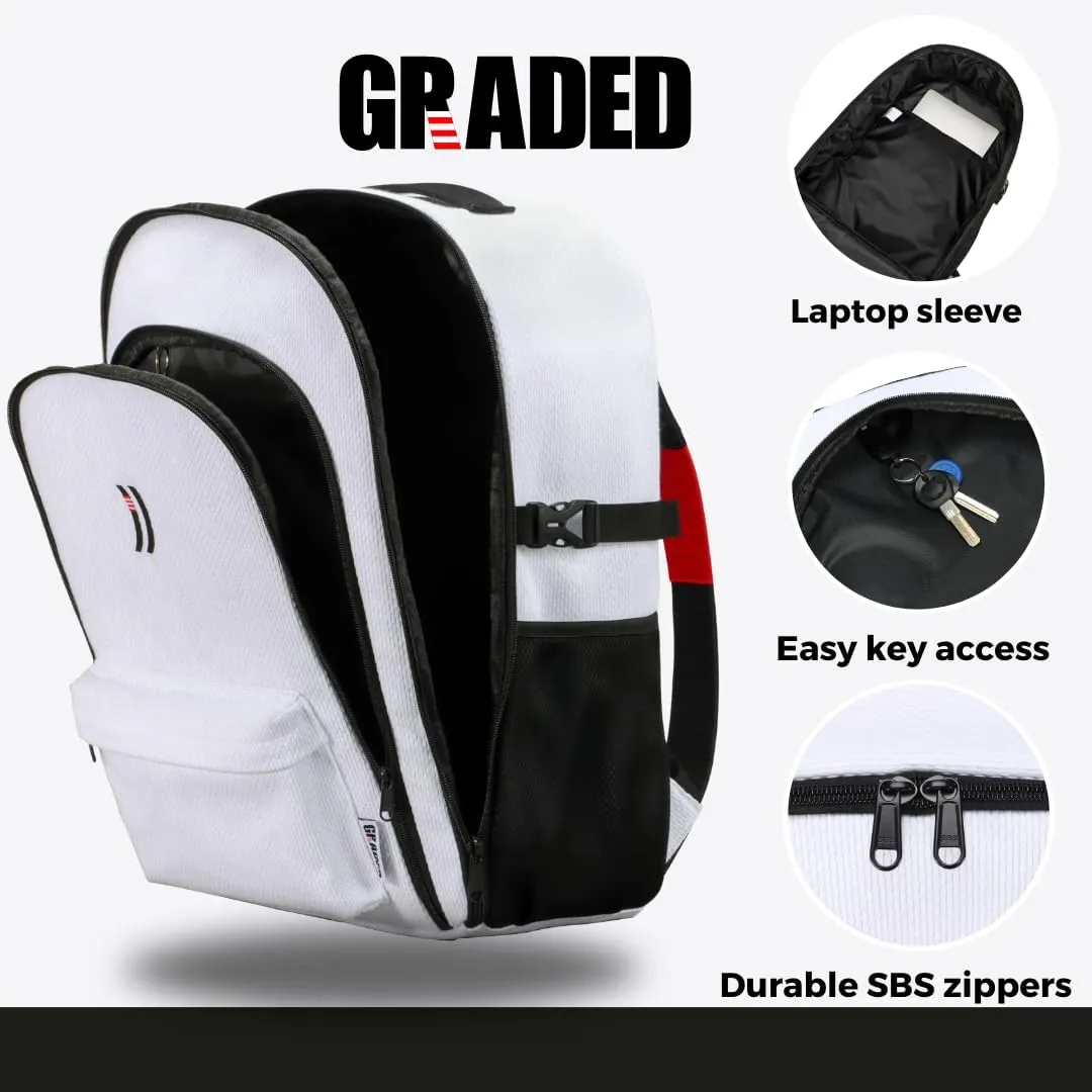 Martial Arts Backpack. Your Brazilian Jiu Jitsu gear bag that represents your achievments. (Black Belt, White)