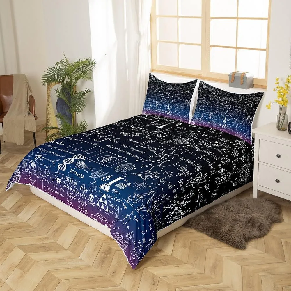 Math Equation Duvet Cover Mathematics Formula Biology Bedding Set Math Geometry Science Comforter Cover for Boys Girls Children Teens Bedroom Decor Galaxy Bedspread Cover Full with 2 Pillow Case