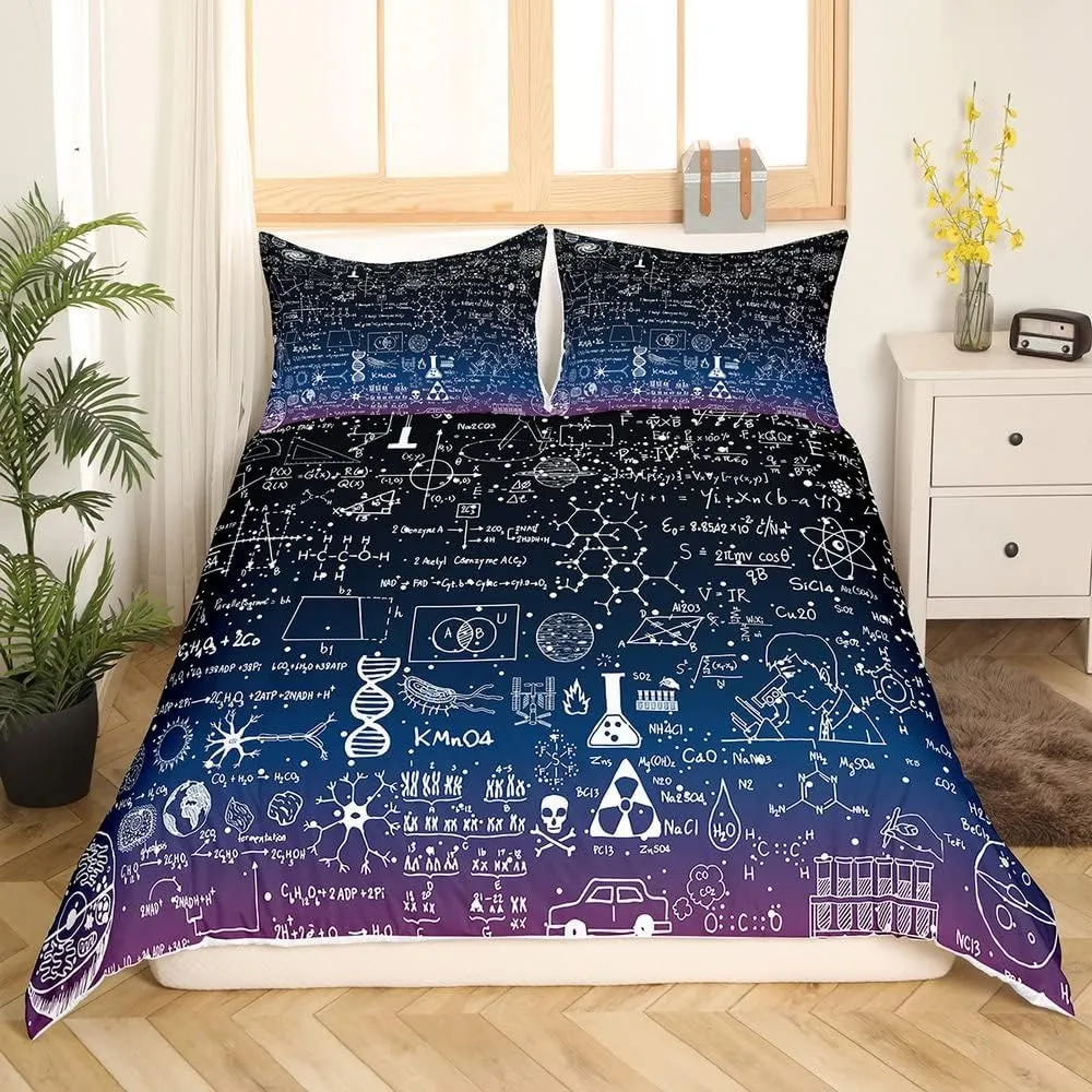 Math Equation Duvet Cover Mathematics Formula Biology Bedding Set Math Geometry Science Comforter Cover for Boys Girls Children Teens Bedroom Decor Galaxy Bedspread Cover Full with 2 Pillow Case