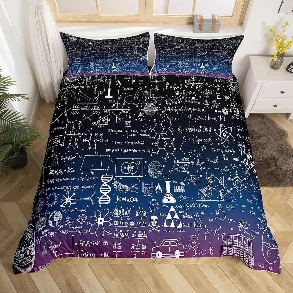 Math Equation Duvet Cover Mathematics Formula Biology Bedding Set Math Geometry Science Comforter Cover for Boys Girls Children Teens Bedroom Decor Galaxy Bedspread Cover Full with 2 Pillow Case