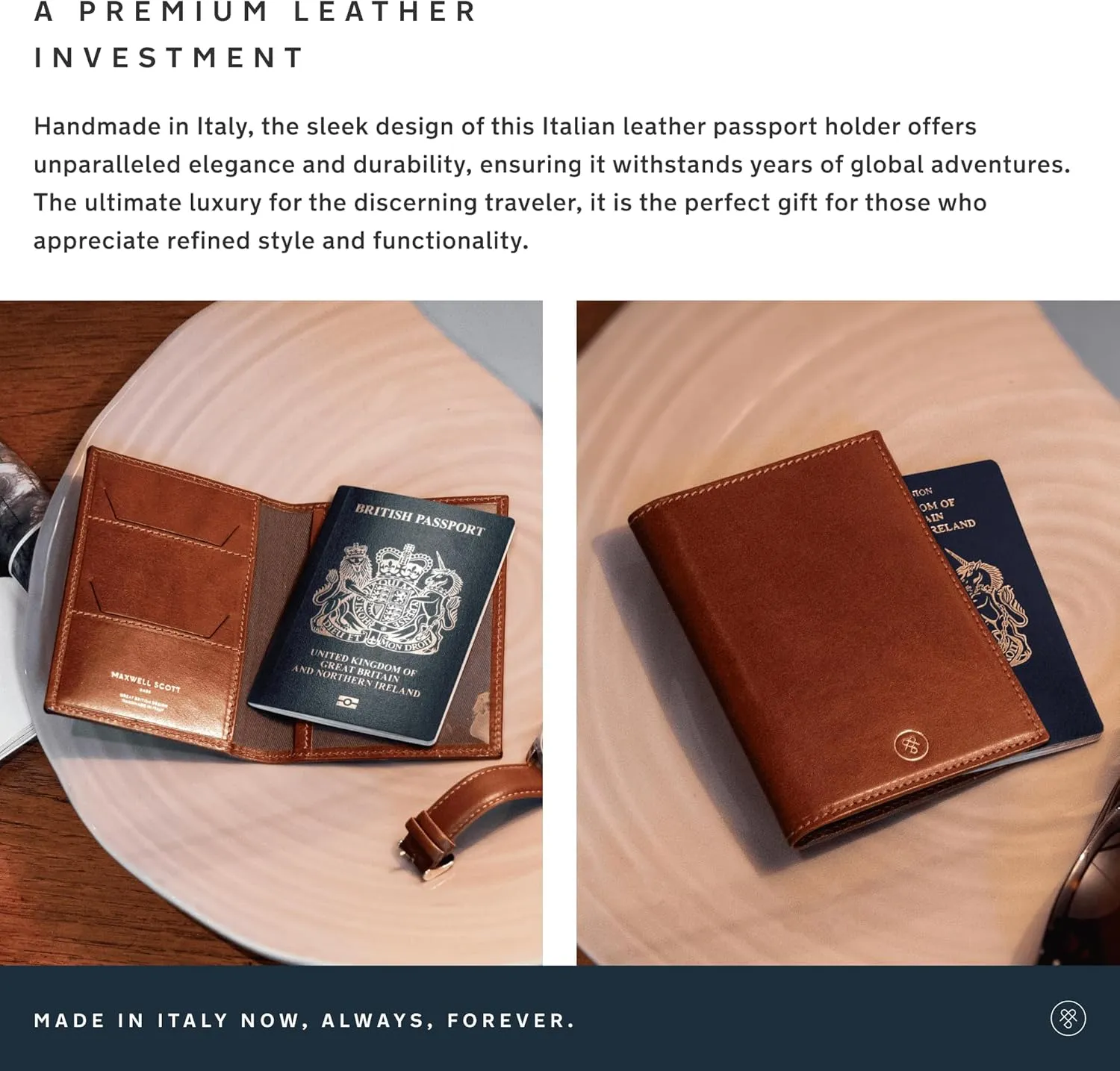 Maxwell Scott - Luxury Leather Passport Holder Cover for Luxury Travel - Handmade from Italian Full Grain Hides - The Prato