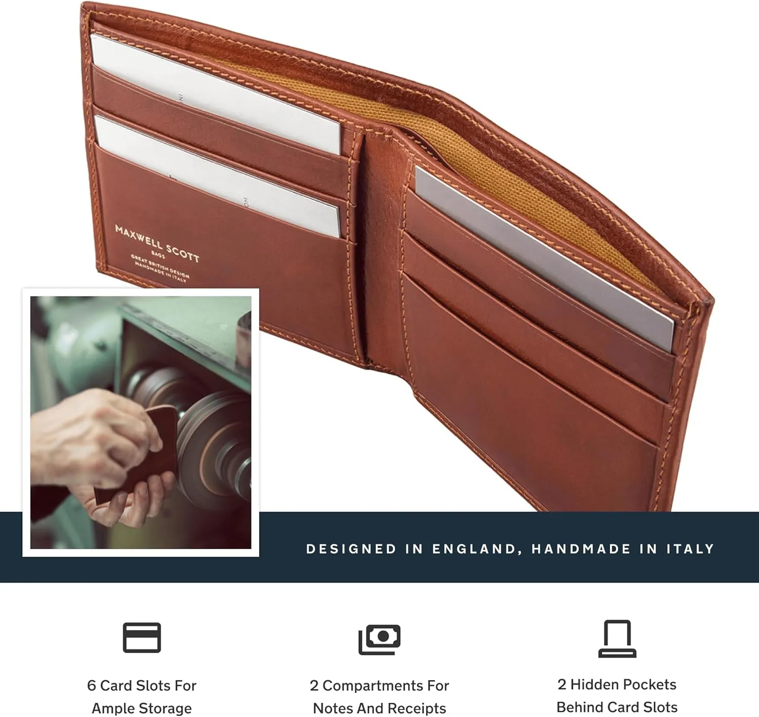 Maxwell Scott - Mens Classic Luxury Leather Bifold Card Wallet Billfold - Made in Italy - The Vittore Chestnut Tan