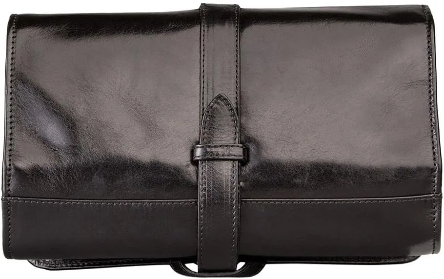 Maxwell Scott - Mens Luxury Leather Folding Hanging Toiletry Bag with Buckle Fastening and Hook - The Pratello Black
