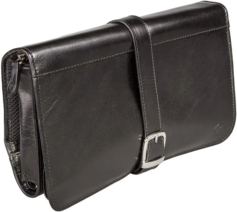 Maxwell Scott - Mens Luxury Leather Folding Hanging Toiletry Bag with Buckle Fastening and Hook - The Pratello Black
