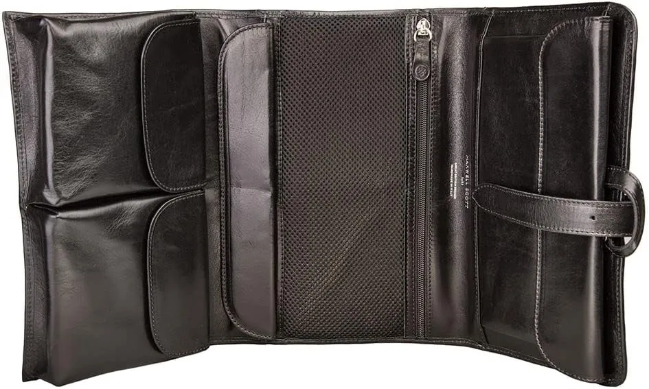 Maxwell Scott - Mens Luxury Leather Folding Hanging Toiletry Bag with Buckle Fastening and Hook - The Pratello Black
