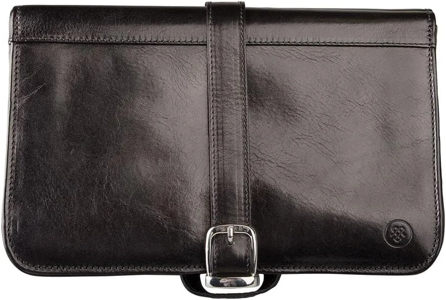Maxwell Scott - Mens Luxury Leather Folding Hanging Toiletry Bag with Buckle Fastening and Hook - The Pratello Black