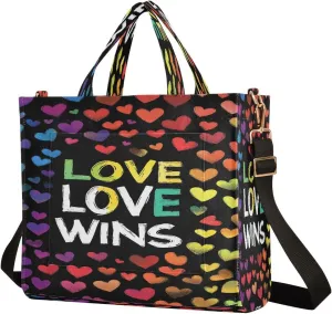 MCHIVER Hearts Love Wins Black Tote Bag for Women with Inner Zipper Pockets Corduroy Crossbody Shoulder Purse Utility Totes for Work Travel Office 13.7 * 4.9 * 12.2IN