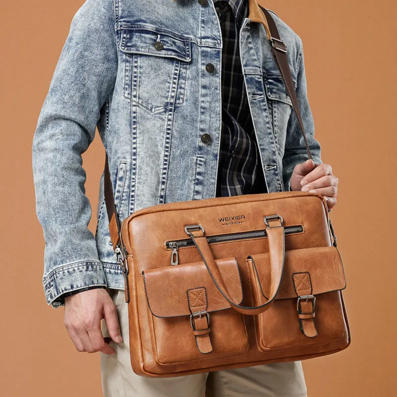 Men Zipper Multi-pocket Handbag Large Capacity Anti-theft Retro 13.3 Inch Laptop Briefcase Crossbody Bags