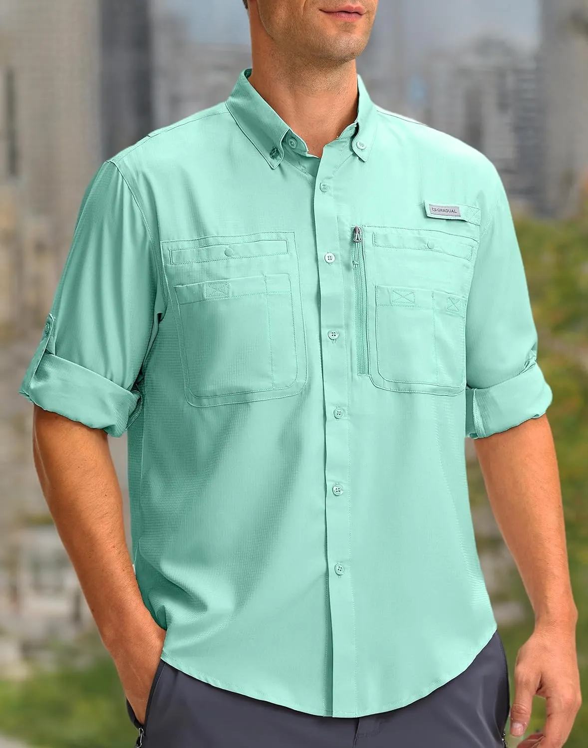 Men's Long Sleeve Sun Protection Fishing Shirt with Zipper Pockets UPF 50  Lightweight Cool Sun Shirts for Men Hiking Outdoor