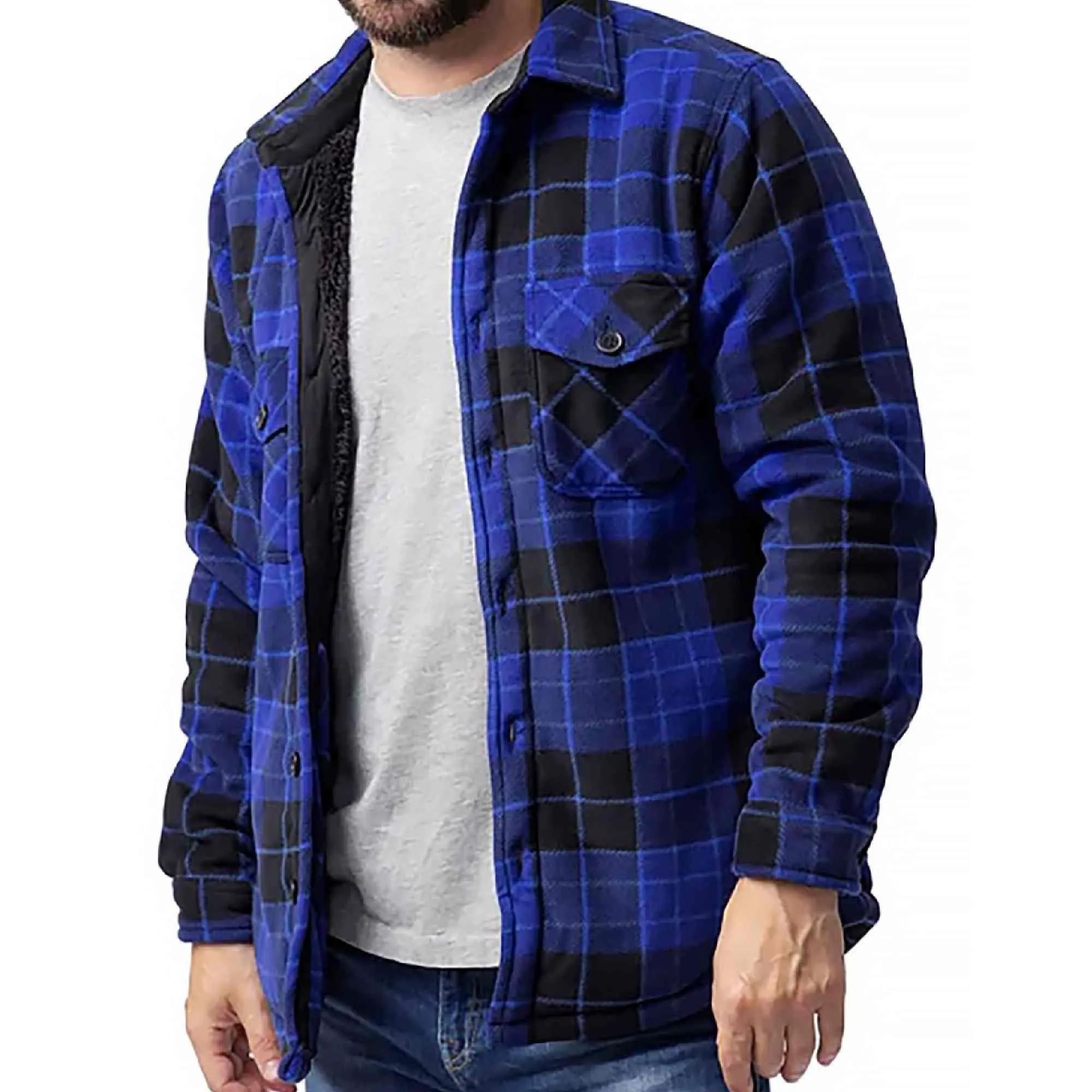 Mens Quilted Plaid Pattern Thermal Long Sleeve Winter Jacket