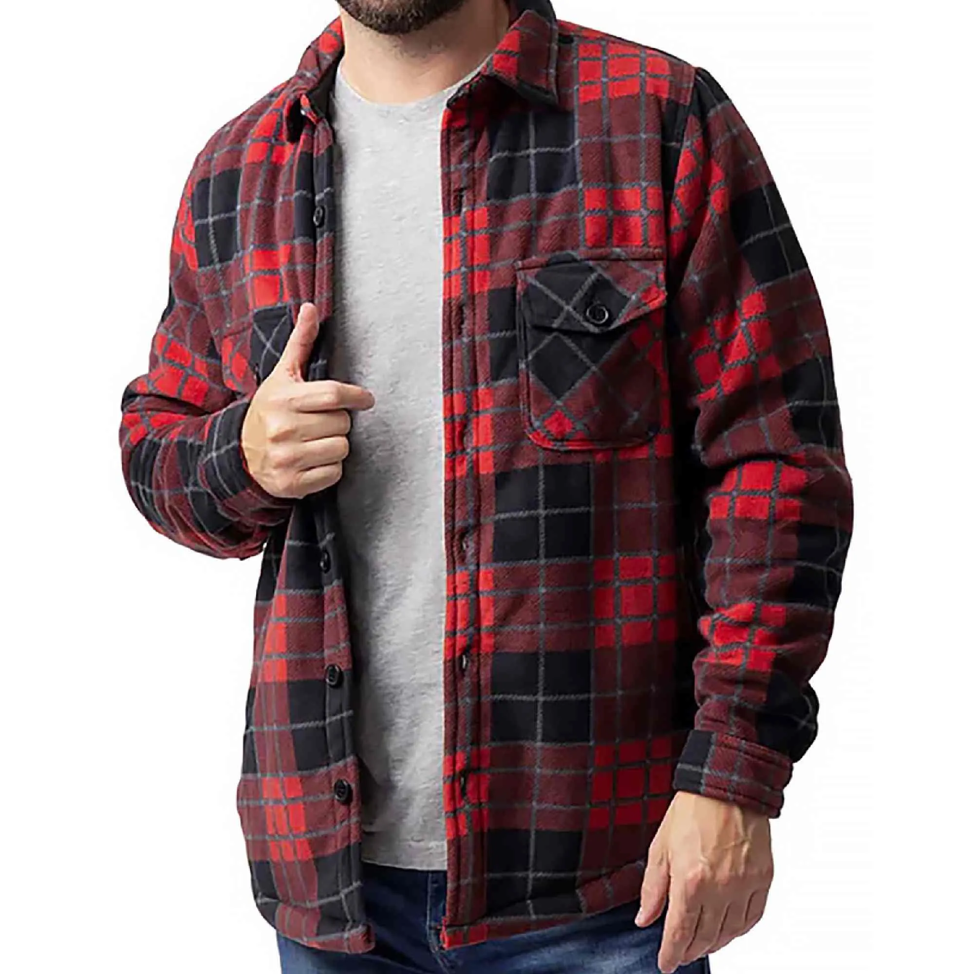 Mens Quilted Plaid Pattern Thermal Long Sleeve Winter Jacket