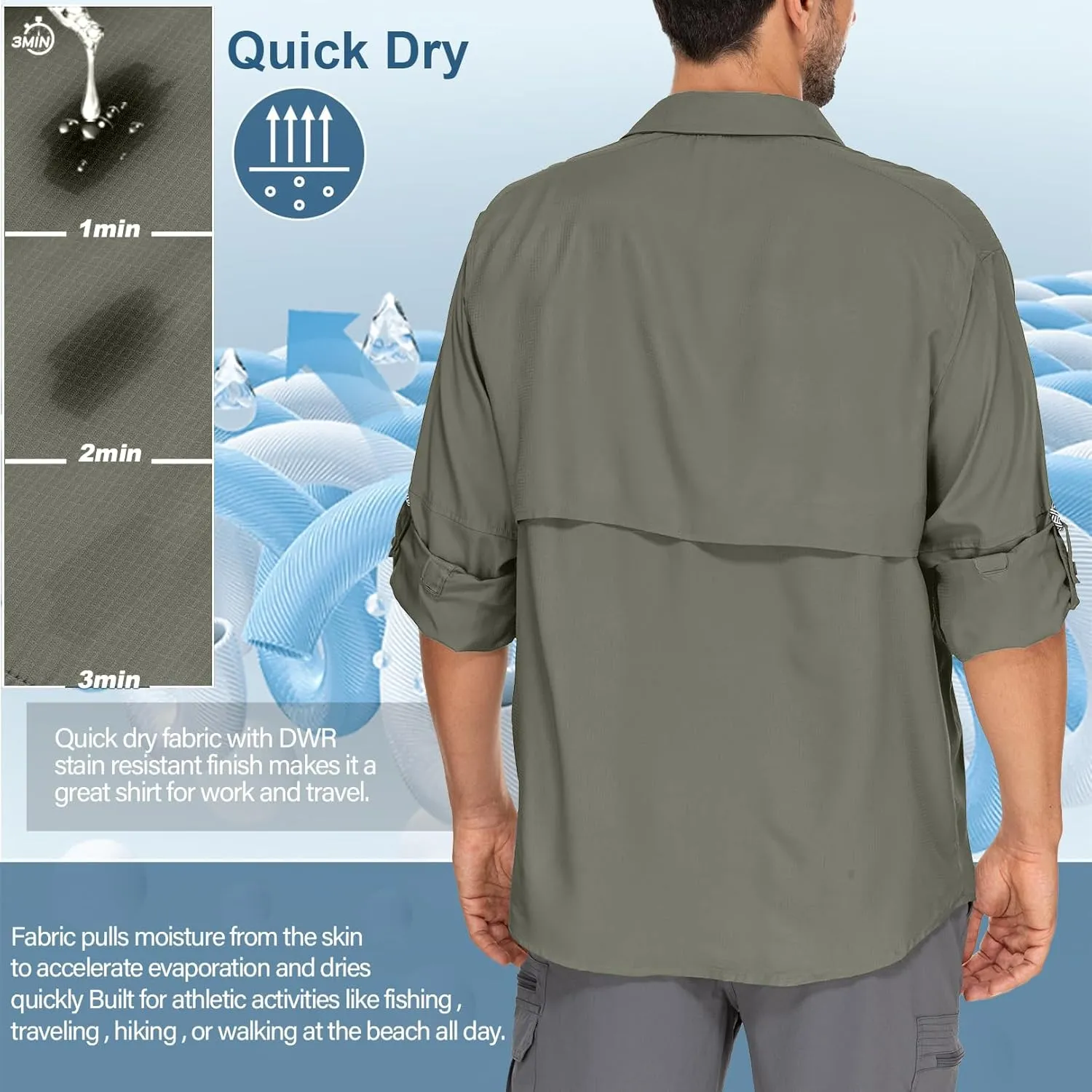 Mens Safari Shirts Long Sleeve UV Protection Hiking Fishing UPF 50  Quick Dry Camping Travel Shirts