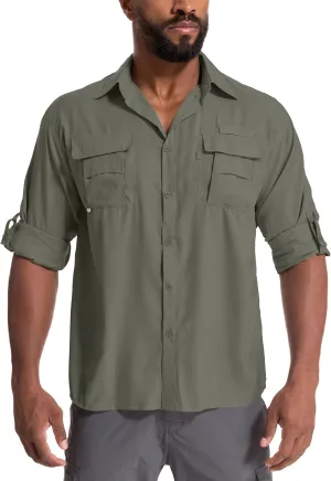 Mens Safari Shirts Long Sleeve UV Protection Hiking Fishing UPF 50  Quick Dry Camping Travel Shirts