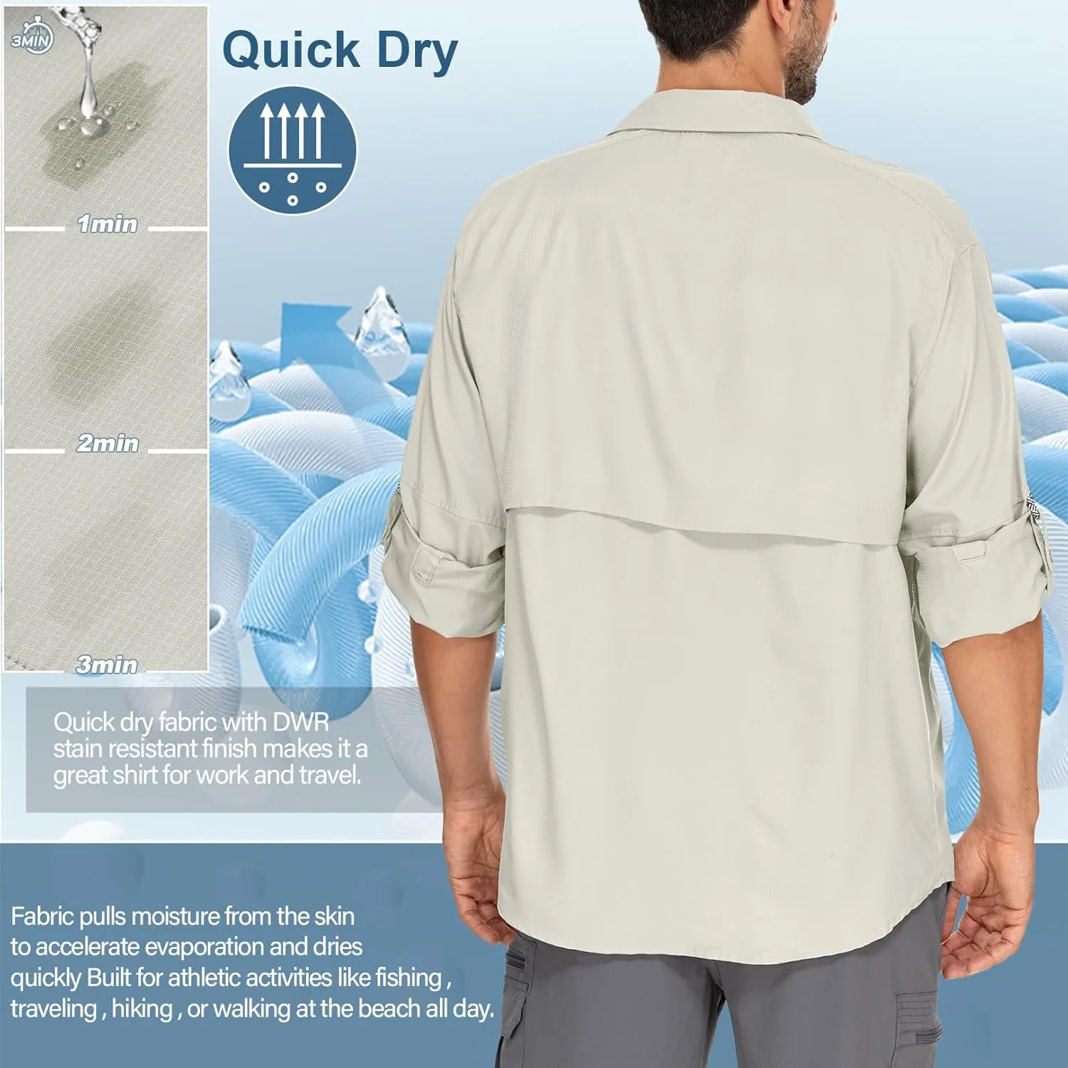 Mens Safari Shirts Long Sleeve UV Protection Hiking Fishing UPF 50  Quick Dry Camping Travel Shirts