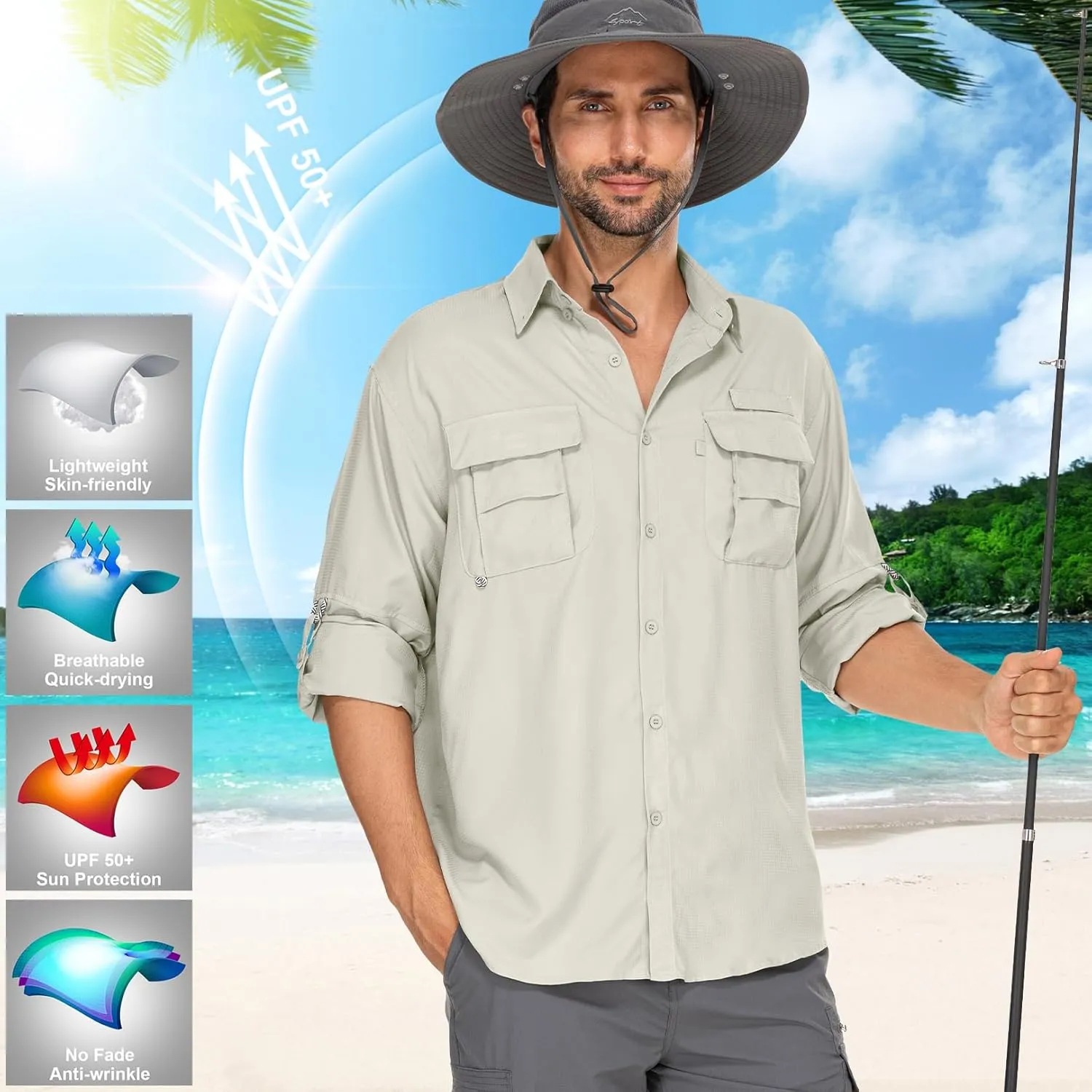 Mens Safari Shirts Long Sleeve UV Protection Hiking Fishing UPF 50  Quick Dry Camping Travel Shirts