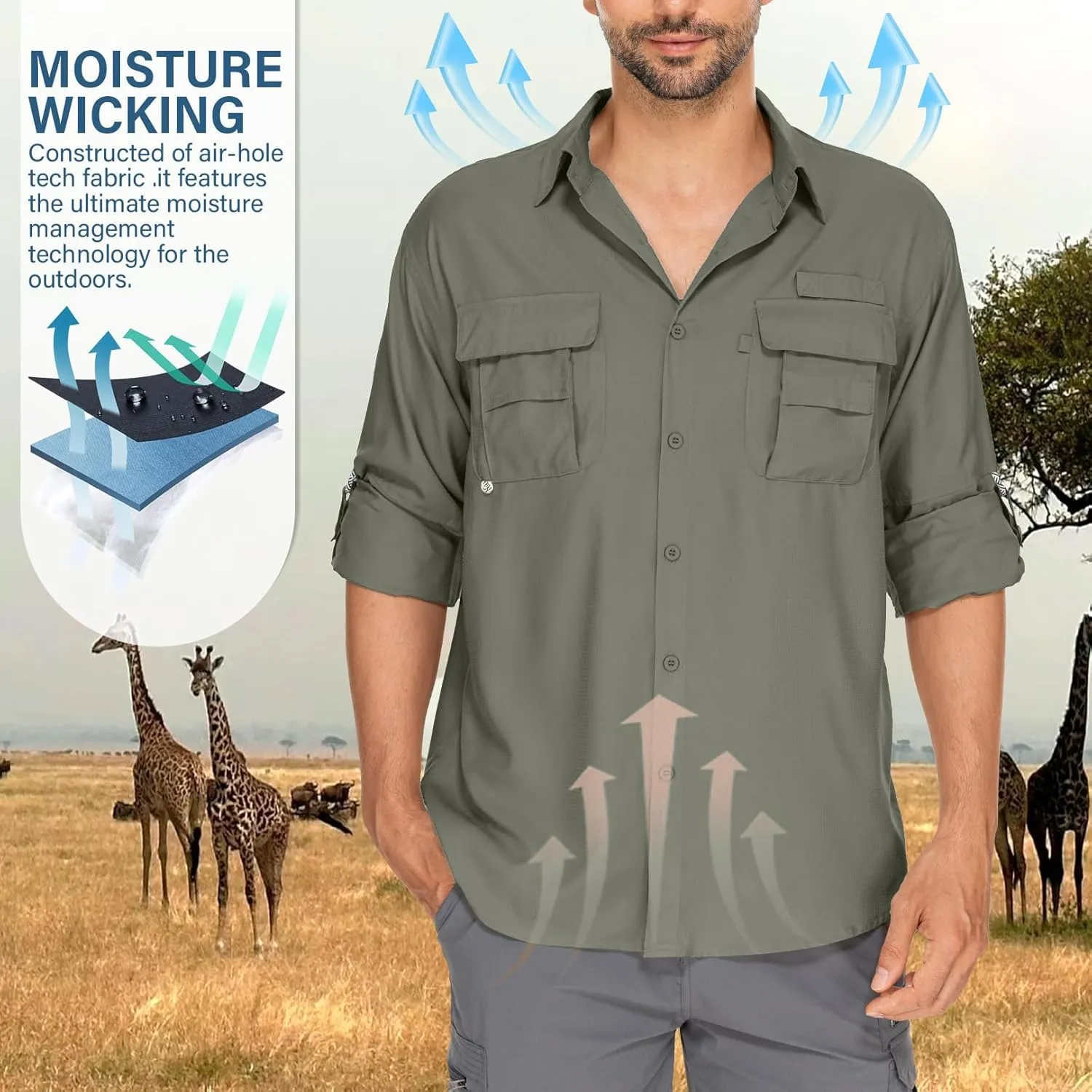 Mens Safari Shirts Long Sleeve UV Protection Hiking Fishing UPF 50  Quick Dry Camping Travel Shirts