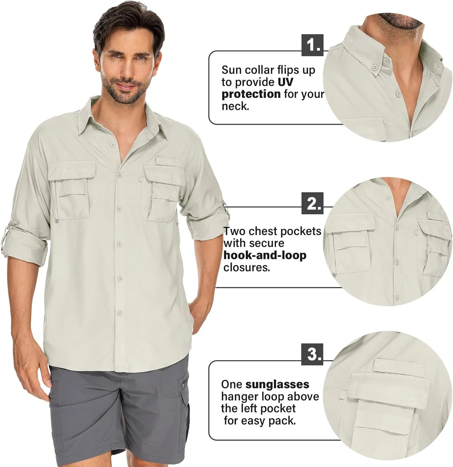 Mens Safari Shirts Long Sleeve UV Protection Hiking Fishing UPF 50  Quick Dry Camping Travel Shirts