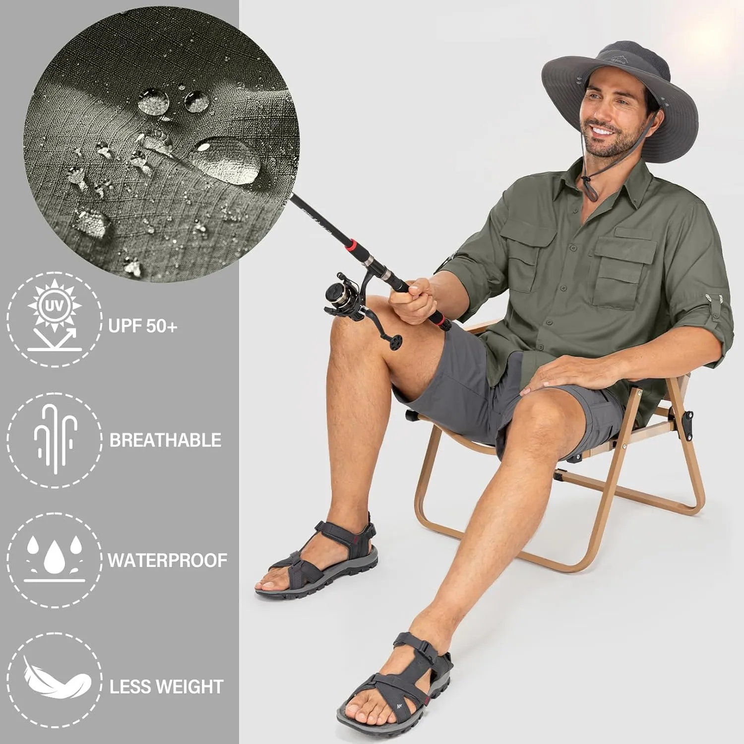 Mens Safari Shirts Long Sleeve UV Protection Hiking Fishing UPF 50  Quick Dry Camping Travel Shirts