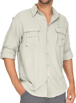 Mens Safari Shirts Long Sleeve UV Protection Hiking Fishing UPF 50  Quick Dry Camping Travel Shirts