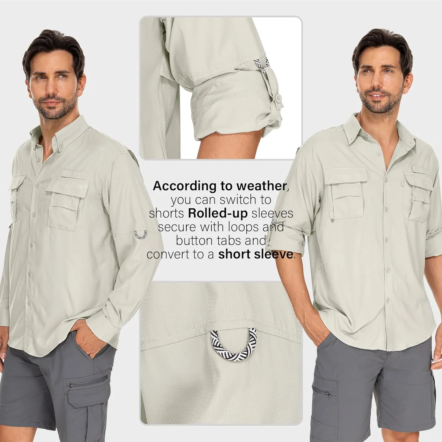 Mens Safari Shirts Long Sleeve UV Protection Hiking Fishing UPF 50  Quick Dry Camping Travel Shirts