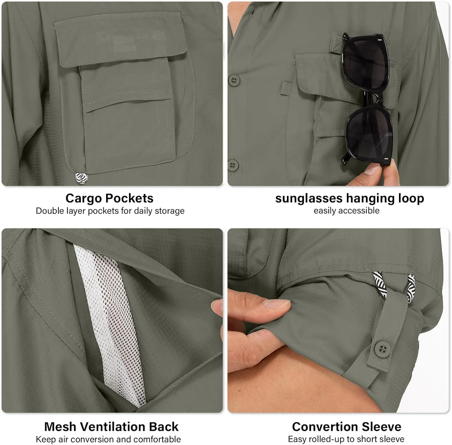 Mens Safari Shirts Long Sleeve UV Protection Hiking Fishing UPF 50  Quick Dry Camping Travel Shirts