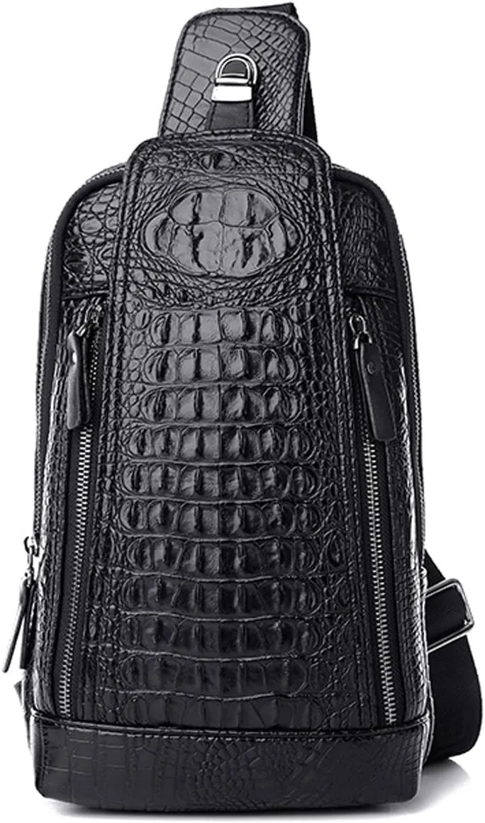 Mens Sling Bags Crocodile PU Shoulder Crossbody Chest Bag Satchels Hiking Daypack Black