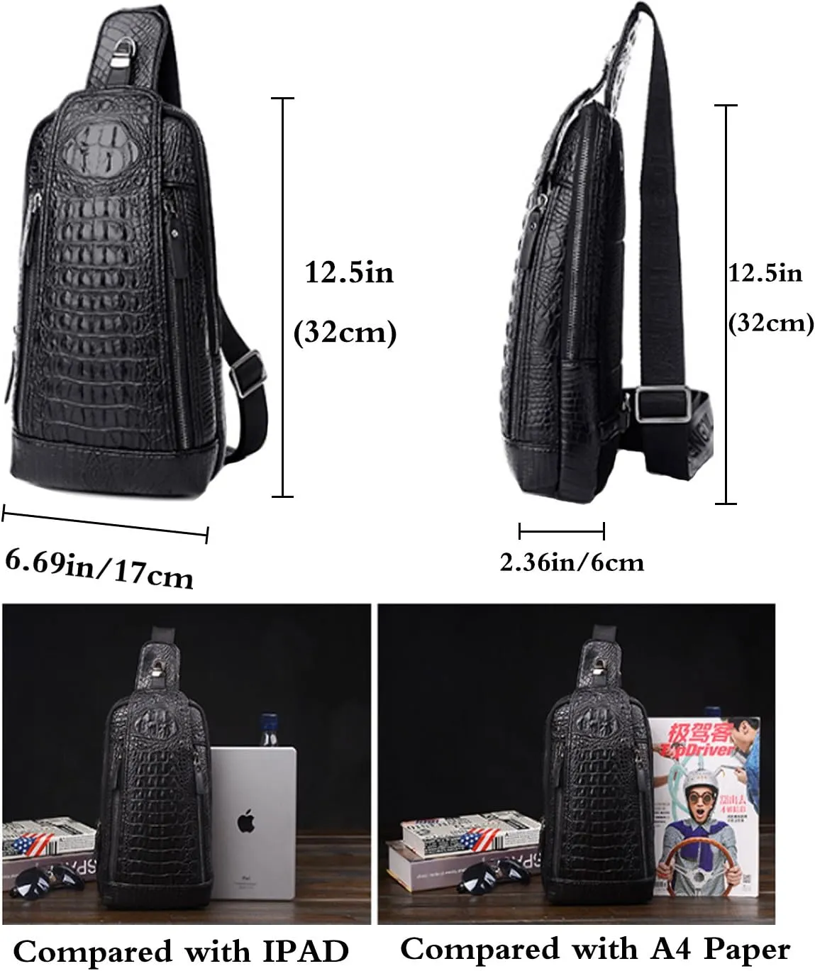Mens Sling Bags Crocodile PU Shoulder Crossbody Chest Bag Satchels Hiking Daypack Black