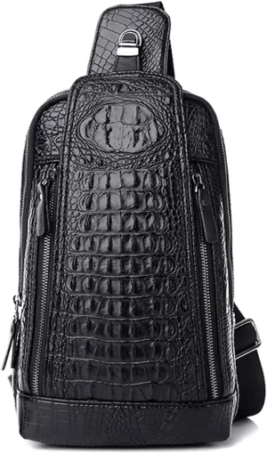 Mens Sling Bags Crocodile PU Shoulder Crossbody Chest Bag Satchels Hiking Daypack Black