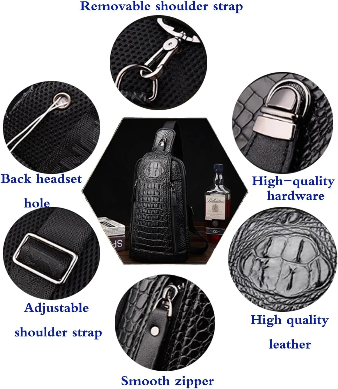 Mens Sling Bags Crocodile PU Shoulder Crossbody Chest Bag Satchels Hiking Daypack Black