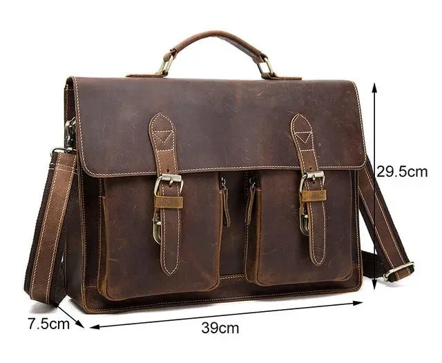 Men's Vintage Genuine Crazy Horse Leather Briefcase Messenger Shoulder Portfolio Laptop Bag Case Handbag Father's Day Gift