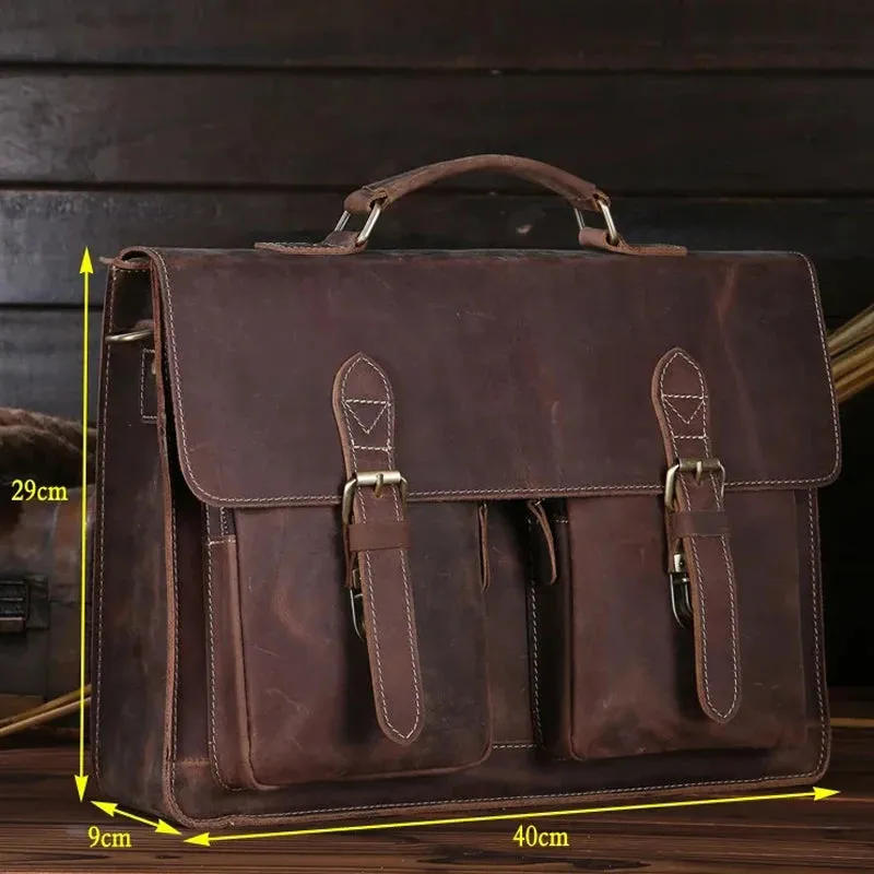 Men's Vintage Genuine Crazy Horse Leather Briefcase Messenger Shoulder Portfolio Laptop Bag Case Handbag Father's Day Gift