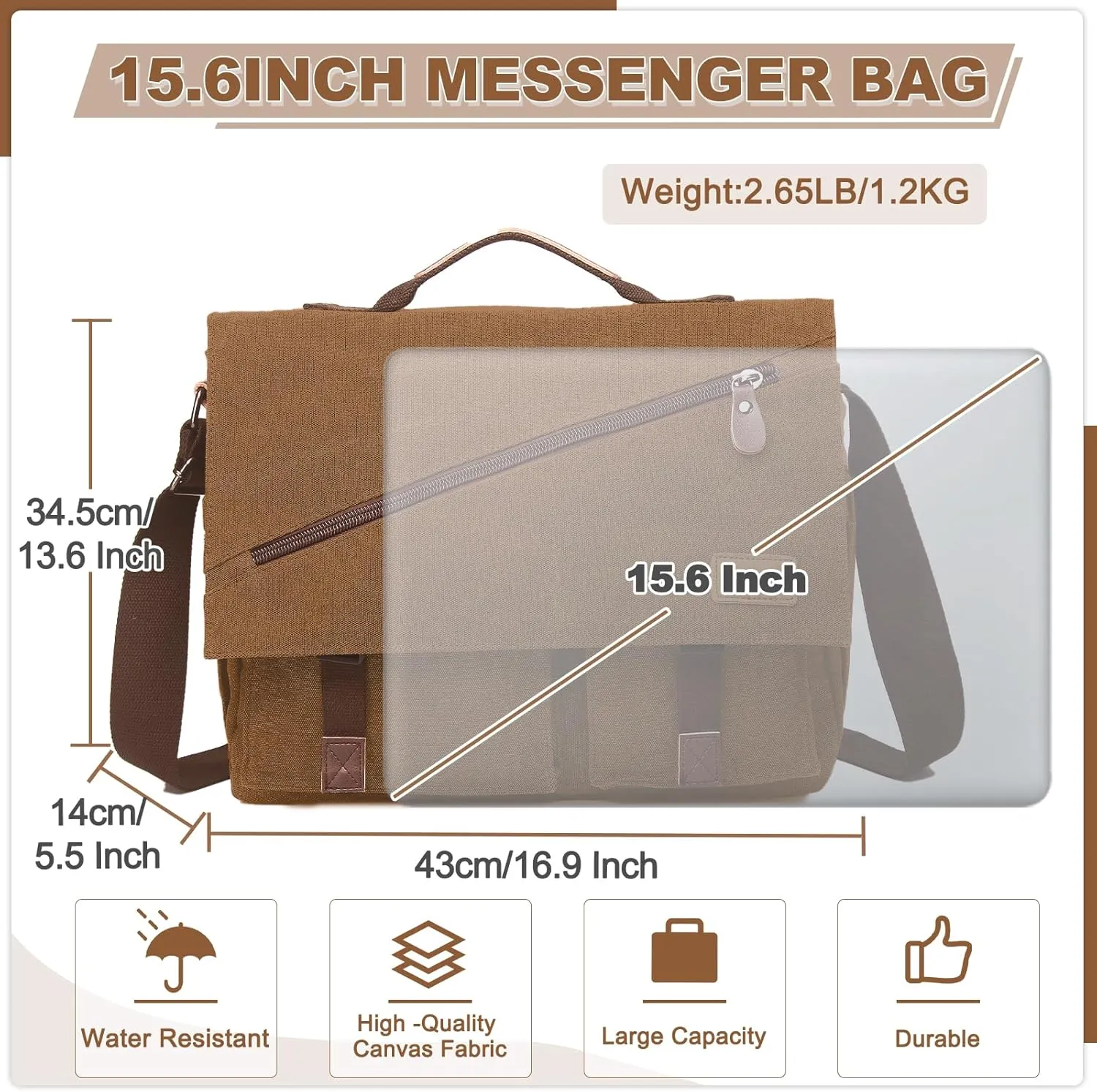 Messenger Bag for Men,Water Resistant Canvas Satchel 14 15.6 17 Inch Laptop Briefcases Business Shoulder Bag by RAVUO
