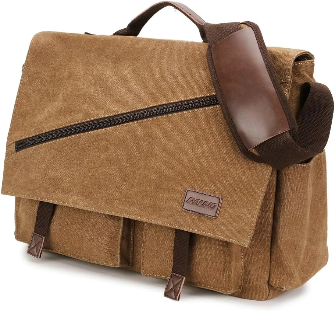 Messenger Bag for Men,Water Resistant Canvas Satchel 14 15.6 17 Inch Laptop Briefcases Business Shoulder Bag by RAVUO