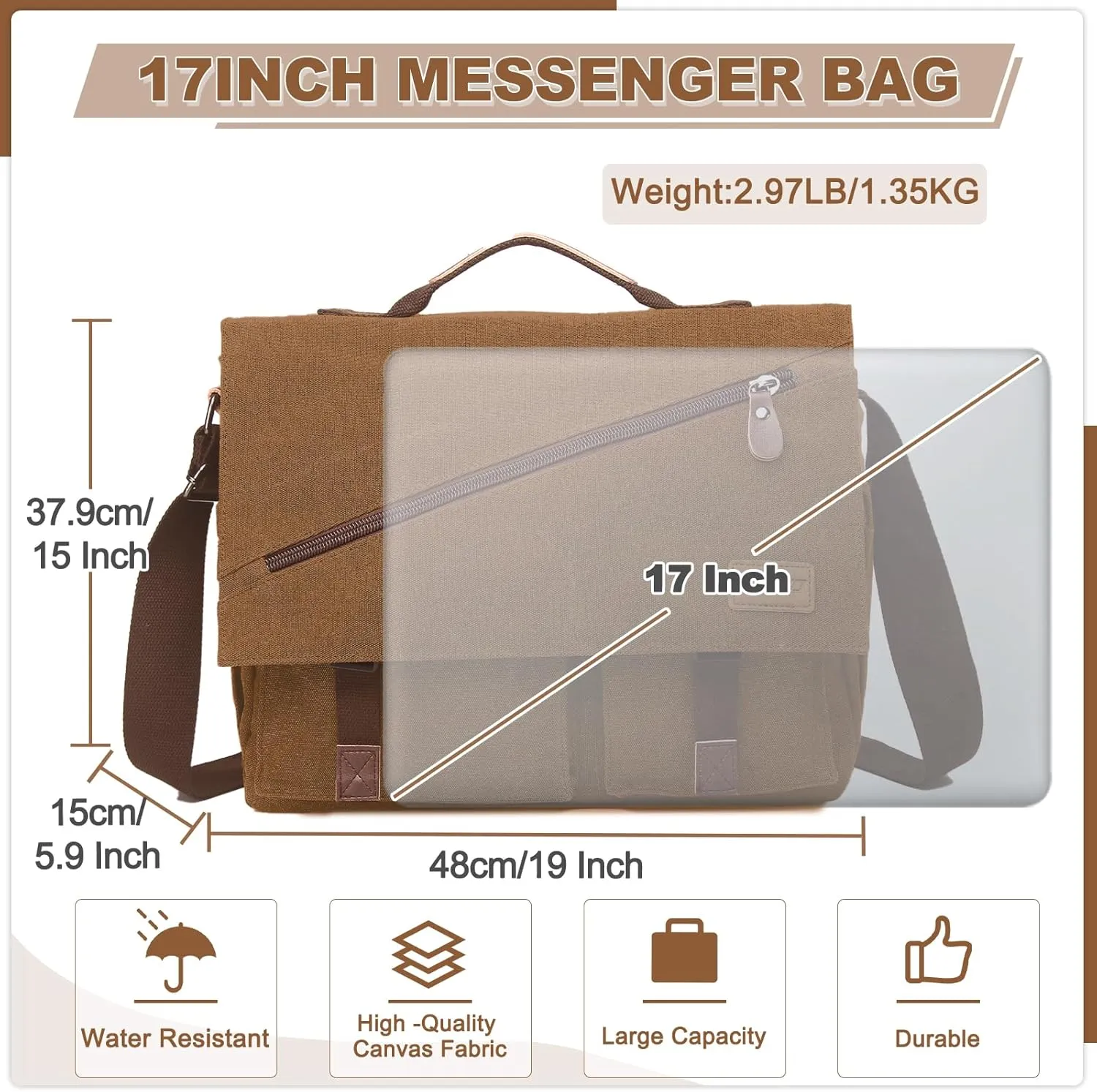 Messenger Bag for Men,Water Resistant Canvas Satchel 14 15.6 17 Inch Laptop Briefcases Business Shoulder Bag by RAVUO