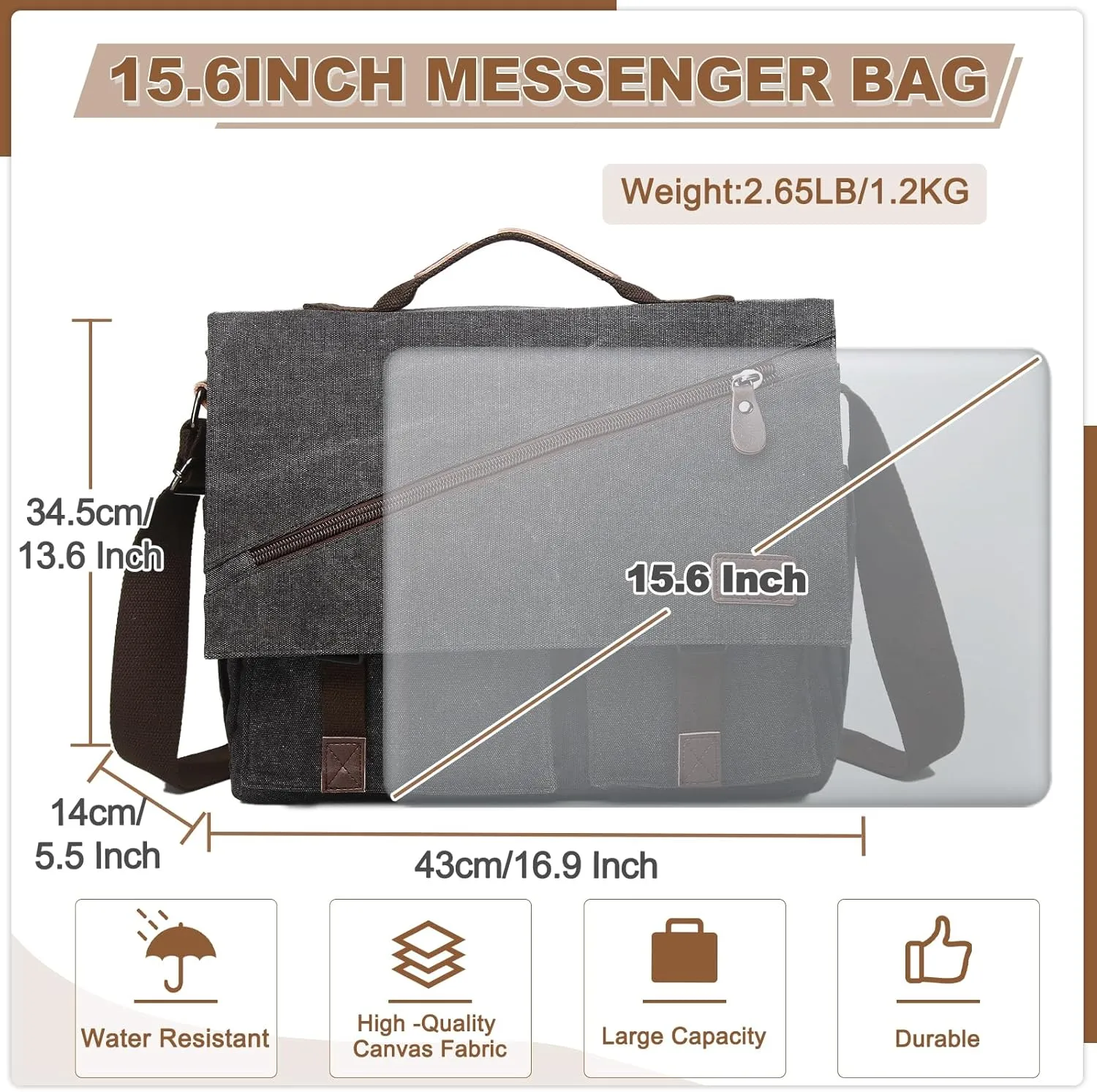 Messenger Bag for Men,Water Resistant Canvas Satchel 14 15.6 17 Inch Laptop Briefcases Business Shoulder Bag by RAVUO