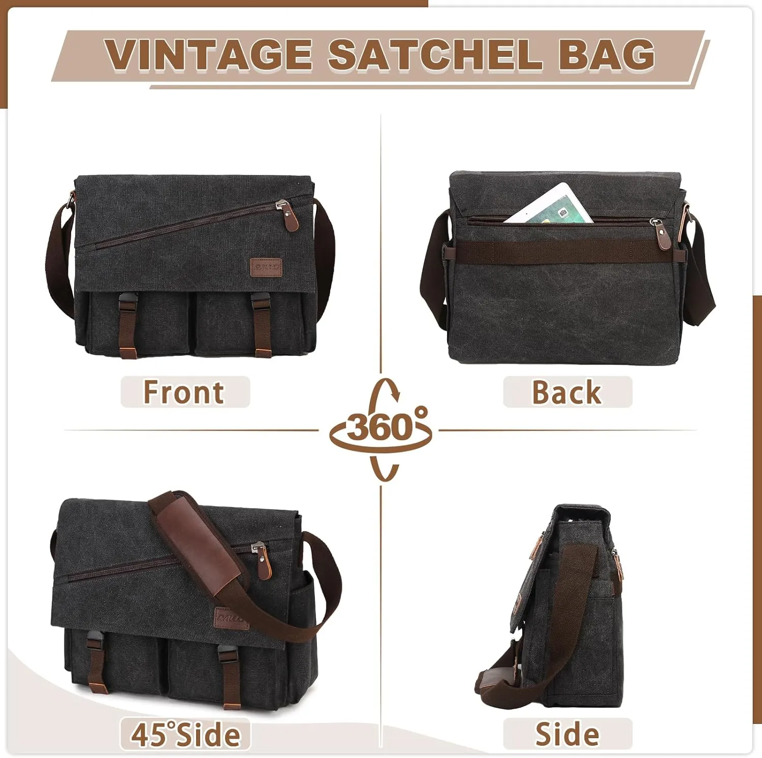 Messenger Bag for Men,Water Resistant Canvas Satchel 14 15.6 17 Inch Laptop Briefcases Business Shoulder Bag by RAVUO