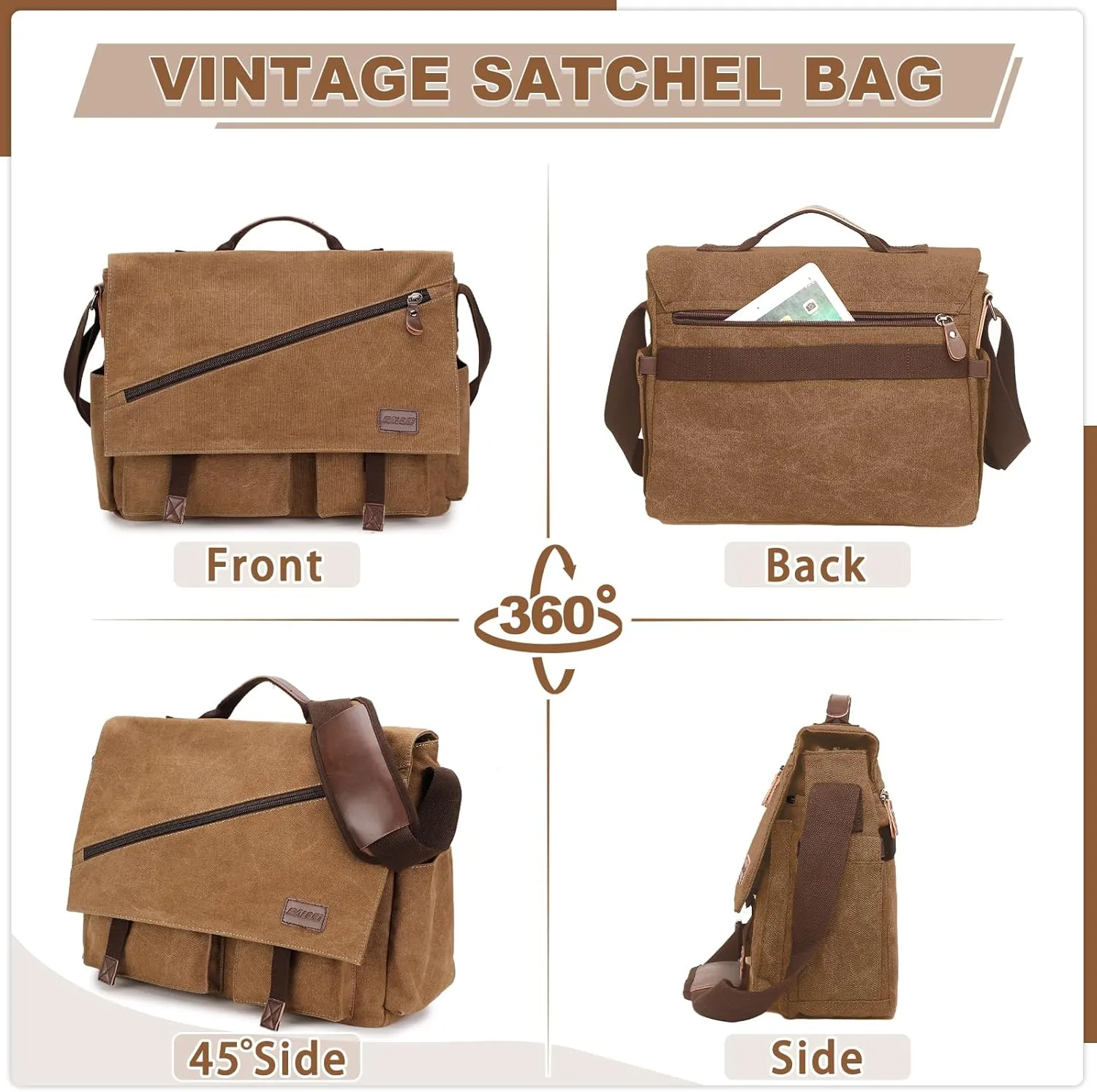 Messenger Bag for Men,Water Resistant Canvas Satchel 14 15.6 17 Inch Laptop Briefcases Business Shoulder Bag by RAVUO