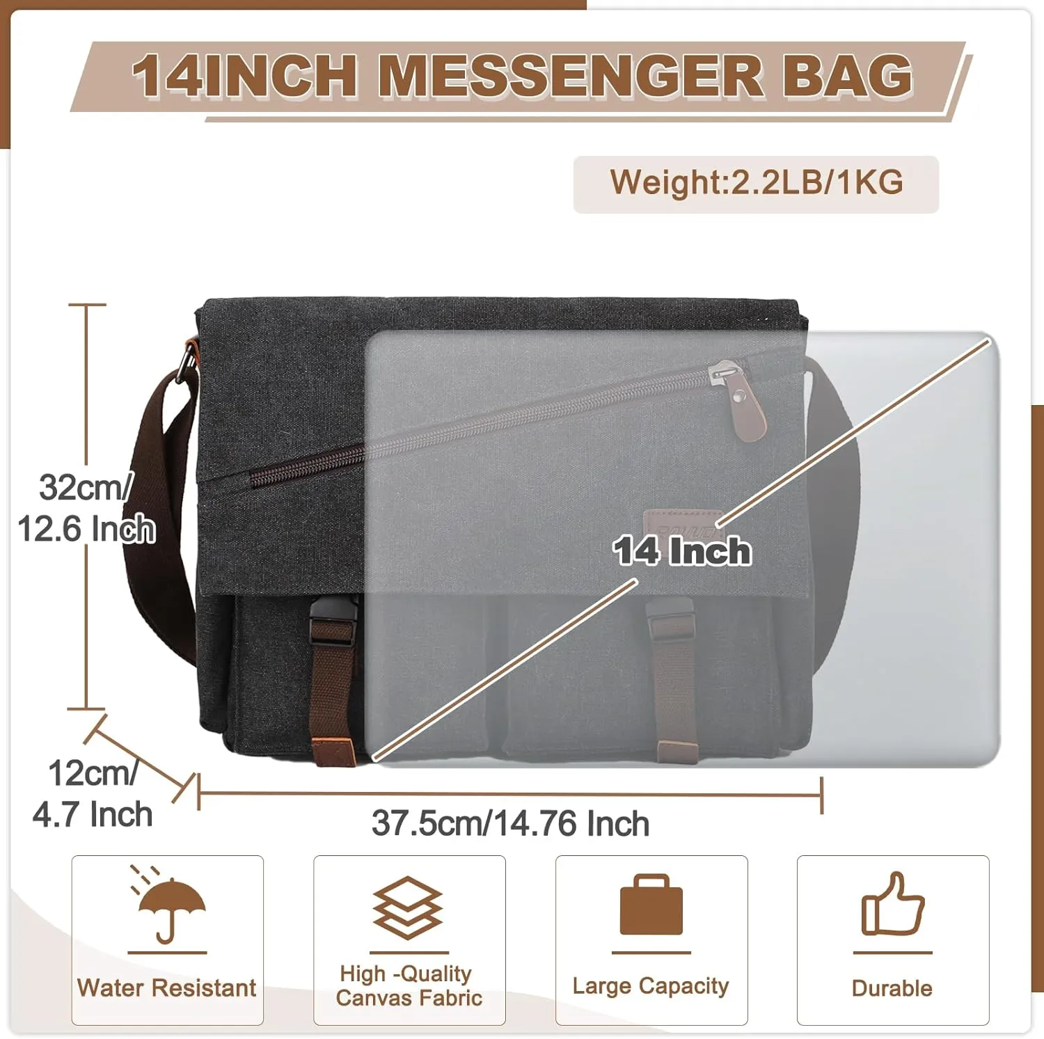 Messenger Bag for Men,Water Resistant Canvas Satchel 14 15.6 17 Inch Laptop Briefcases Business Shoulder Bag by RAVUO