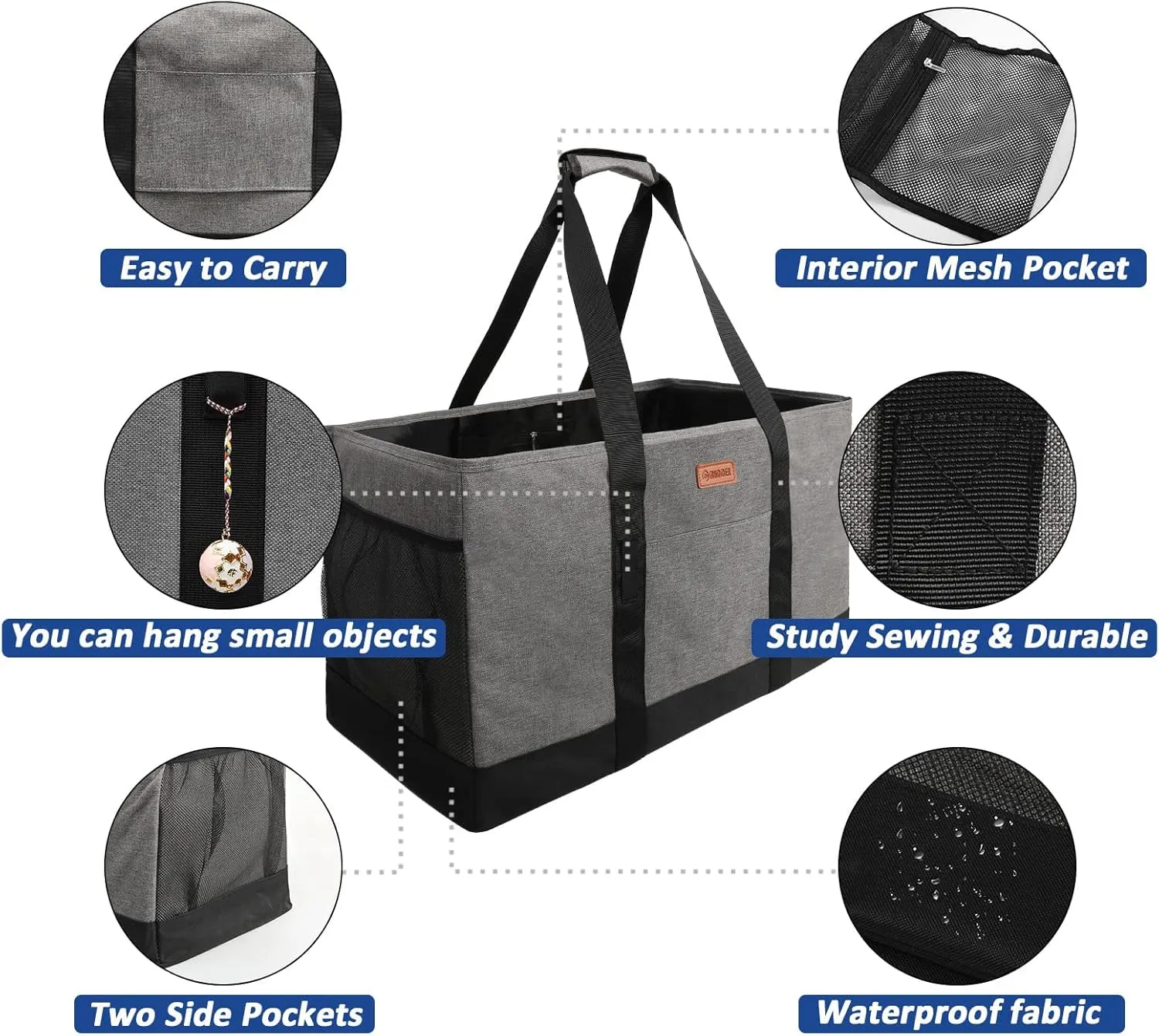 MHOMER Reusable Grocery Bags Extra Waterproof Large Utility Tote Bag with Carrying Handles Foldable Shopping Bags for Storage Space Saving Reinforced Bottom Durable Oxford Fabric Grey