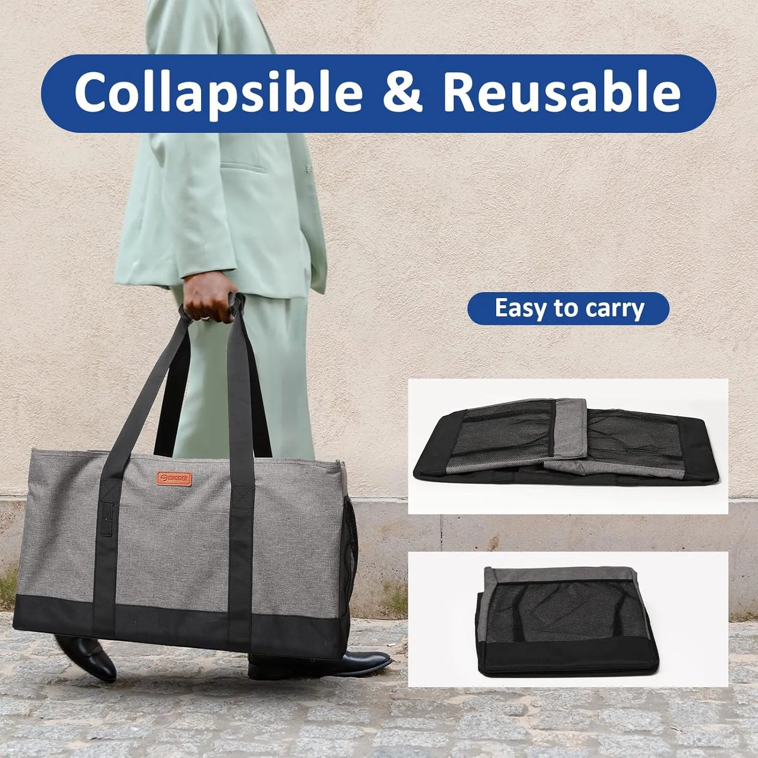 MHOMER Reusable Grocery Bags Extra Waterproof Large Utility Tote Bag with Carrying Handles Foldable Shopping Bags for Storage Space Saving Reinforced Bottom Durable Oxford Fabric Grey