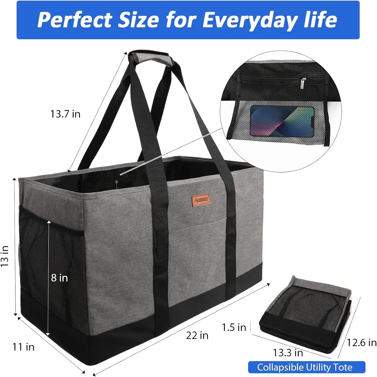 MHOMER Reusable Grocery Bags Extra Waterproof Large Utility Tote Bag with Carrying Handles Foldable Shopping Bags for Storage Space Saving Reinforced Bottom Durable Oxford Fabric Grey