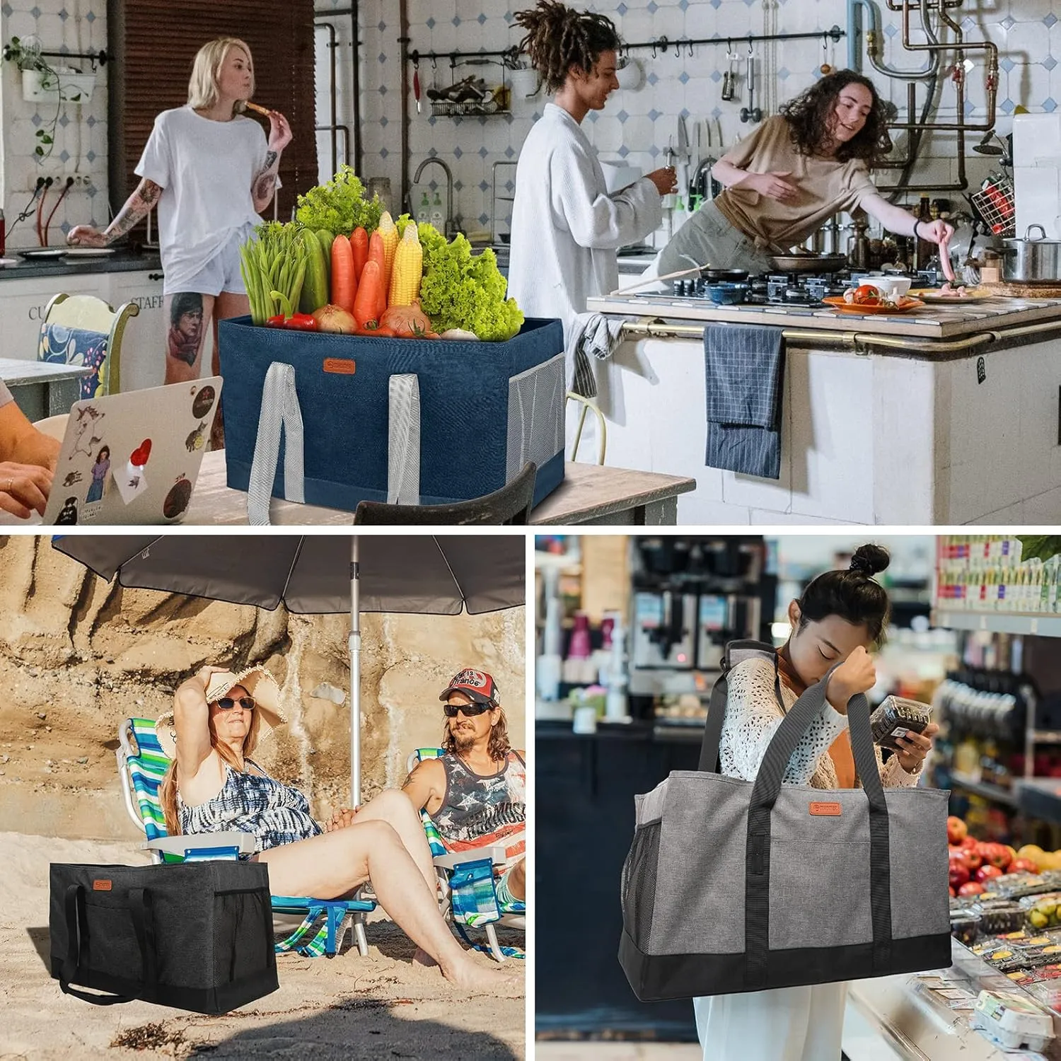 MHOMER Reusable Grocery Bags Extra Waterproof Large Utility Tote Bag with Carrying Handles Foldable Shopping Bags for Storage Space Saving Reinforced Bottom Durable Oxford Fabric Grey