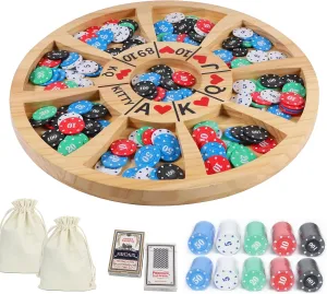 Michigan Rummy Game Luxury Set Royal Hearts Rummy Poker Wooden Tripley Board Game Bravado Game Classic Family Card Game 100 Chips 2 Playing Cards (Large Circular Shape, Log Color)