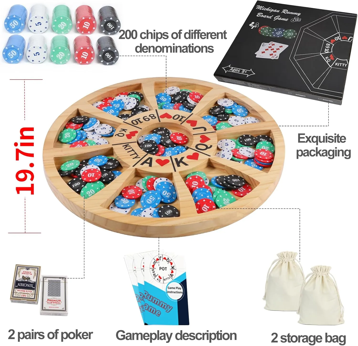 Michigan Rummy Game Luxury Set Royal Hearts Rummy Poker Wooden Tripley Board Game Bravado Game Classic Family Card Game 100 Chips 2 Playing Cards (Large Circular Shape, Log Color)
